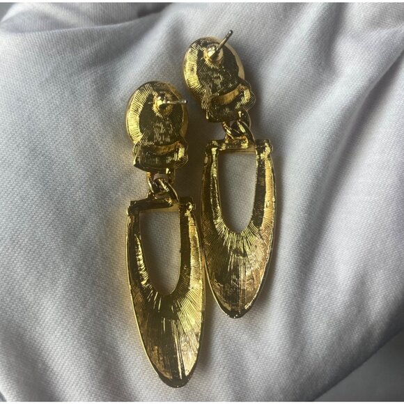 Vintage 80s 90s Gold Toned Pierced Earrings Purple Stone Door Knocker Regency - Picture 5 of 7